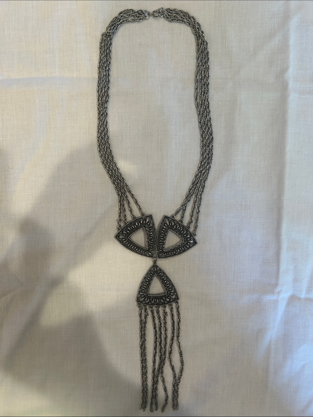 Vintage Gunmetal Multi-Strand Geometric Fringe Necklace 16” long lariat